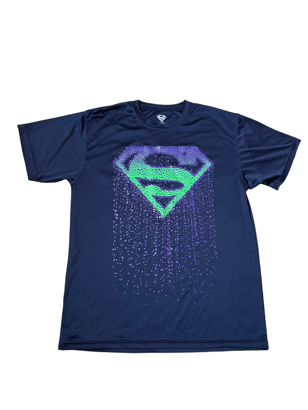 Superman Activewear T Shirt Blue Green Spell Out Crew Neck Tee sz medium